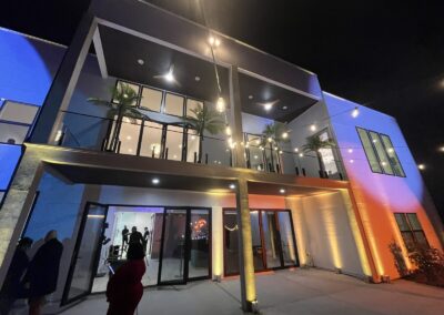 Architectural lighting and exterior uplighting at The Activation House in Atlanta during a private corporate brand activation supported by Innovent Technologies.