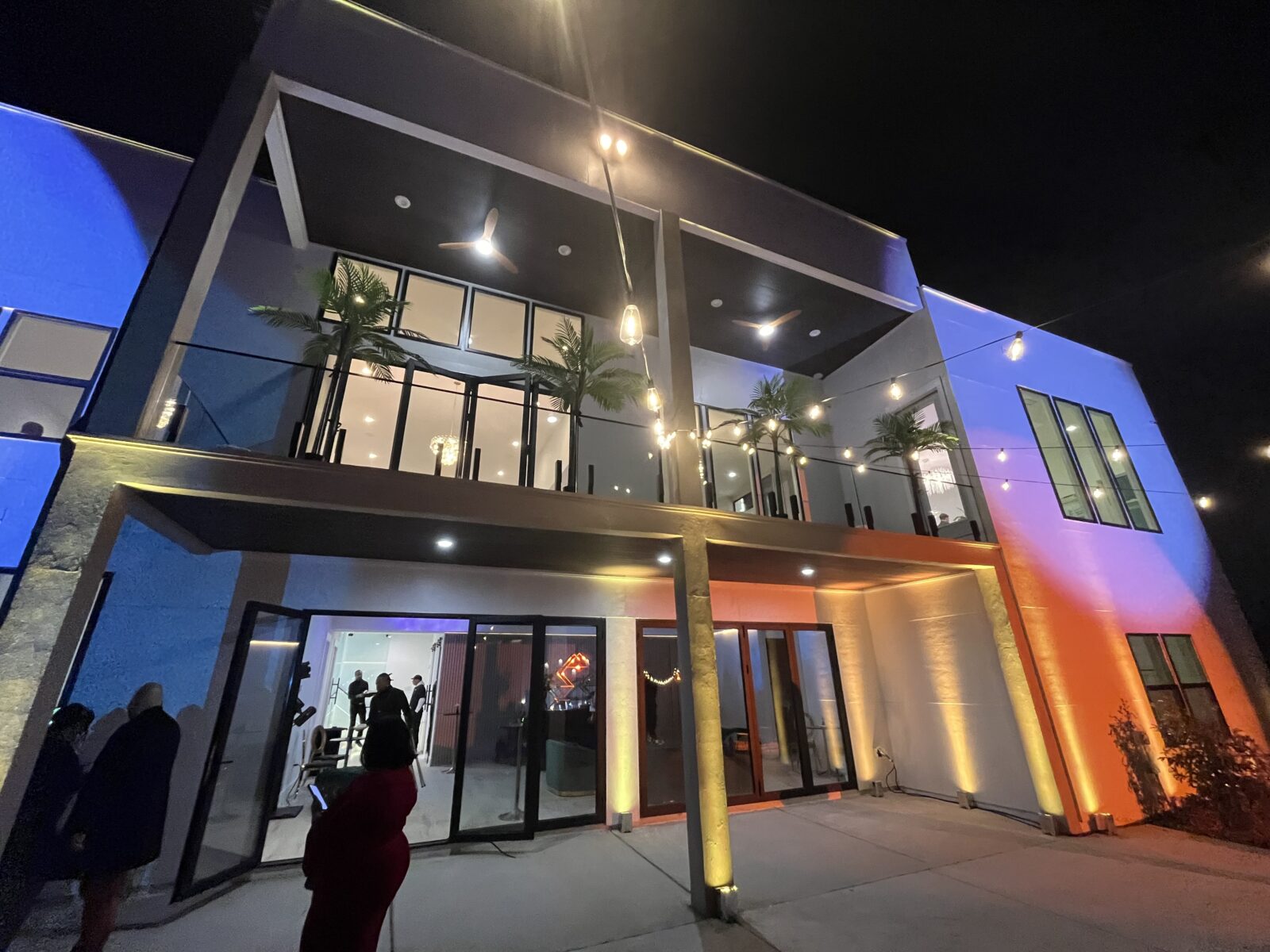 Architectural lighting and exterior uplighting at The Activation House in Atlanta during a private corporate brand activation supported by Innovent Technologies.