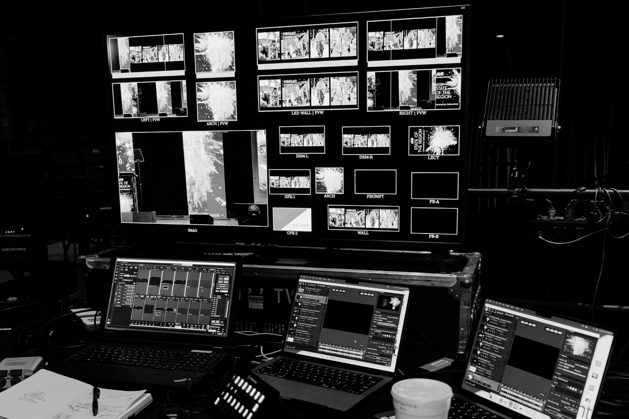 atlanta live event production video control wall.jpg Live event video control wall with multiple program feeds and laptops during corporate event production in Atlanta