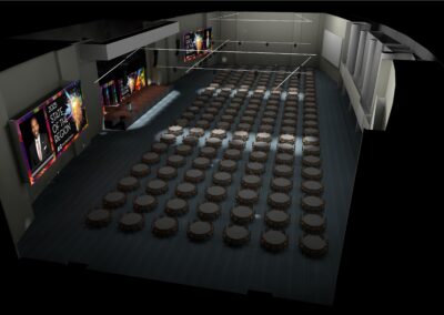 Overhead 3D rendering of Atlanta Regional Commission State of the Region ballroom layout with LED stage design, projection screens, and round table seating configuration