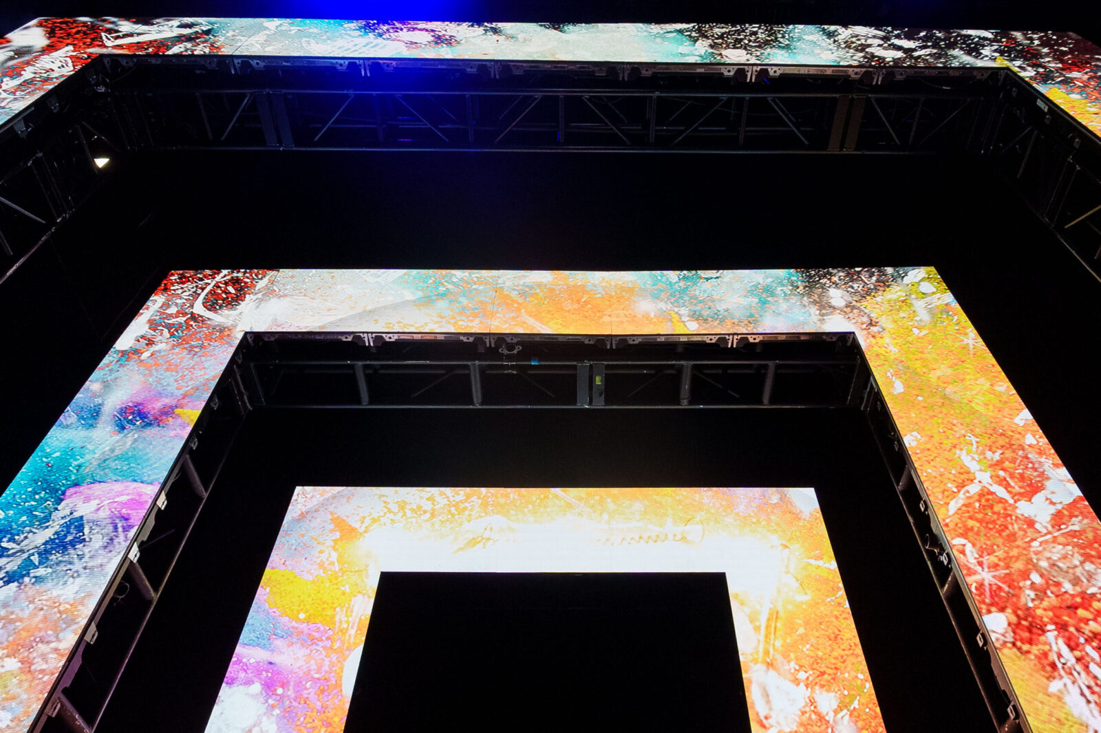 Close-up detail of custom LED arch structures installed for the Atlanta Regional Commission State of the Region stage design