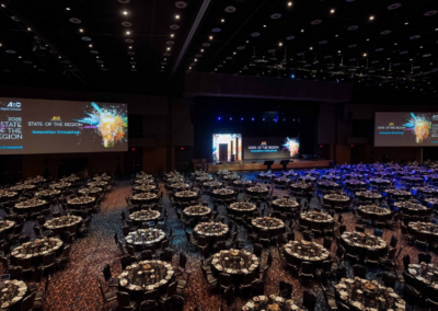 Atlanta Regional Commission State of the Region general session with custom LED arch stage design, large LED screens, ballroom seating, and full AV production by Innovent Technologies