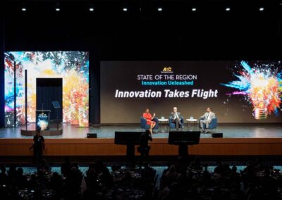 Atlanta Regional Commission State of the Region panel discussion with LED video wall, custom scenic portal, and stage production by Innovent Technologies
