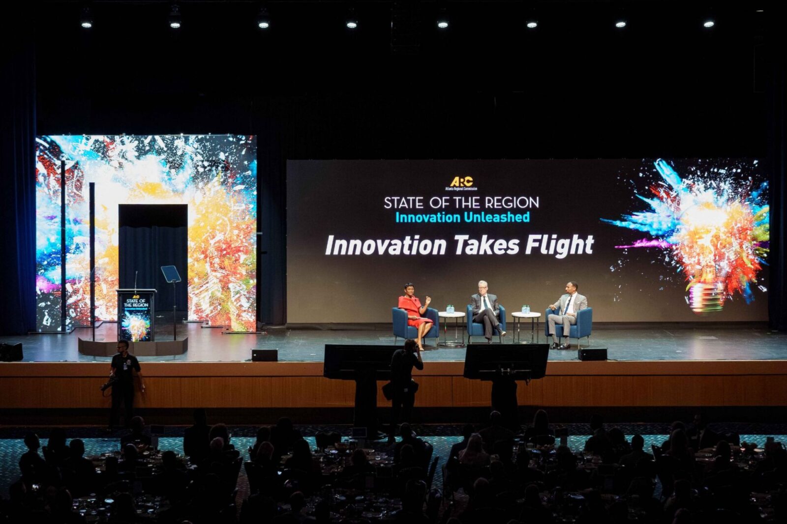 ARC State of the Region Panel Stage AV Production | Innovent Technologies Atlanta Regional Commission State of the Region panel discussion with LED video wall, custom scenic portal, and stage production by Innovent Technologies