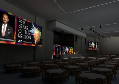 Side perspective 3D visualization of Atlanta Regional Commission State of the Region stage with LED arch design, central LED wall, projection screens, and ballroom seating