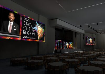 3D render of corporate event stage design with large LED video walls and audience seating layout