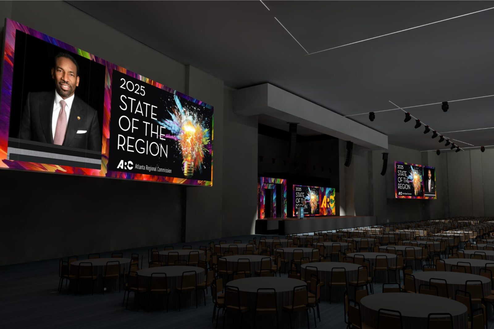 Corporate Event LED Wall Stage Design Render | Innovent Technologies 3D render of corporate event stage design with large LED video walls and audience seating layout