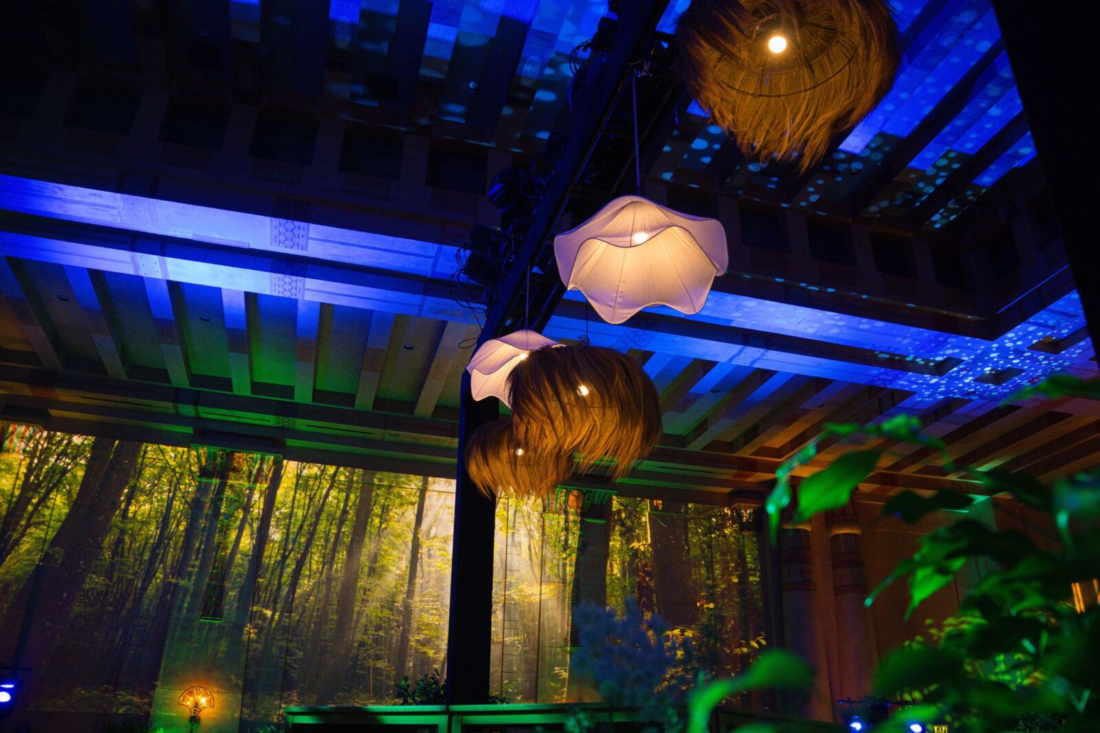 Immersive event lighting and projection design inside Atlanta venue for corporate event experience