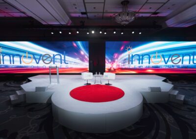 Innovent Technologies corporate event stage design at Cobb Galleria with dual LED walls, circular white platform, red center accent, podium, and lounge seating
