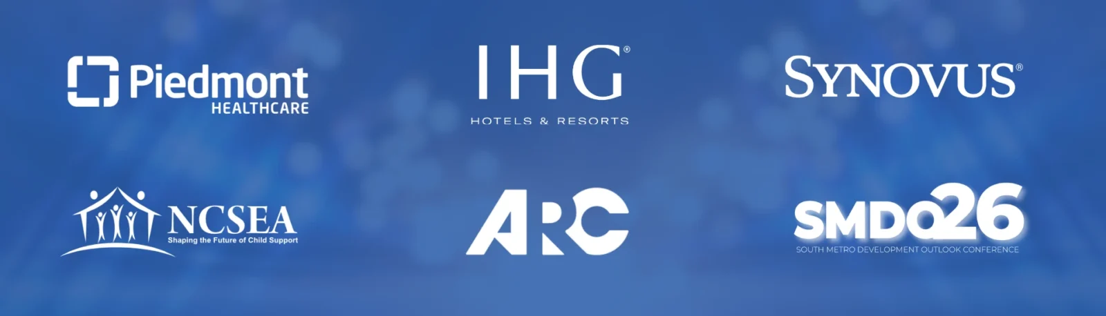 Corporate event production clients including Piedmont Healthcare, IHG Hotels and Resorts, Synovus, NCSEA, ARC, and SMDO26 supported by Innovent Technologies in Atlanta