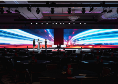 Corporate general session stage with dual LED video walls, presenters at podium, white lounge seating, and ballroom round table setup produced by Innovent Technologies