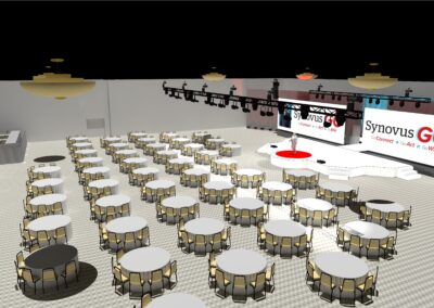 3D event production rendering of Synovus general session with round table seating, extended white stage, dual LED walls, and overhead lighting truss