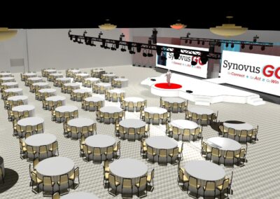 3D event production rendering of Synovus general session with round table seating, extended white stage, dual LED walls, and overhead lighting truss
