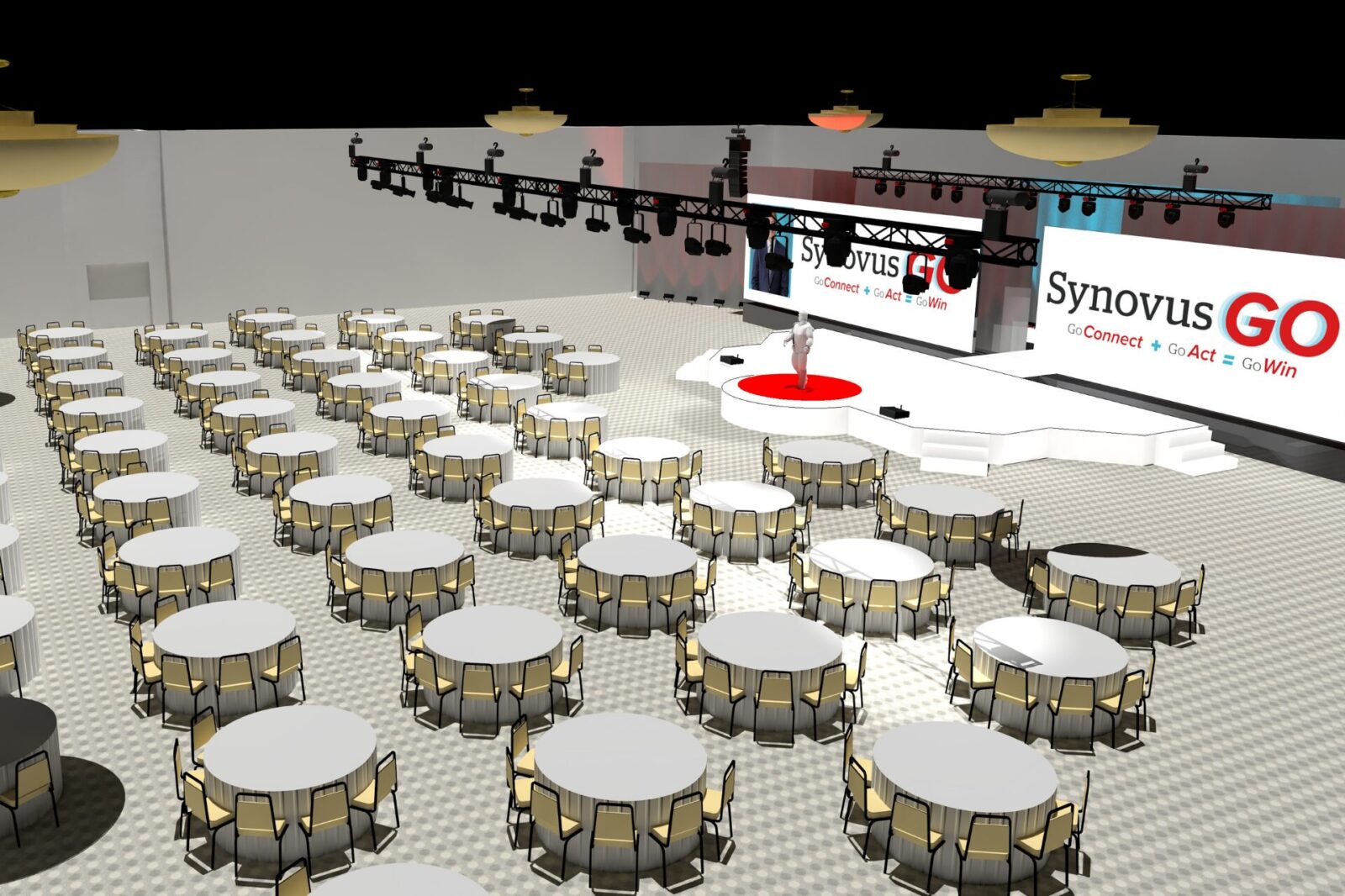Innovent Technologies Technical CAD Rendering 3D event production rendering of Synovus general session with round table seating, extended white stage, dual LED walls, and overhead lighting truss