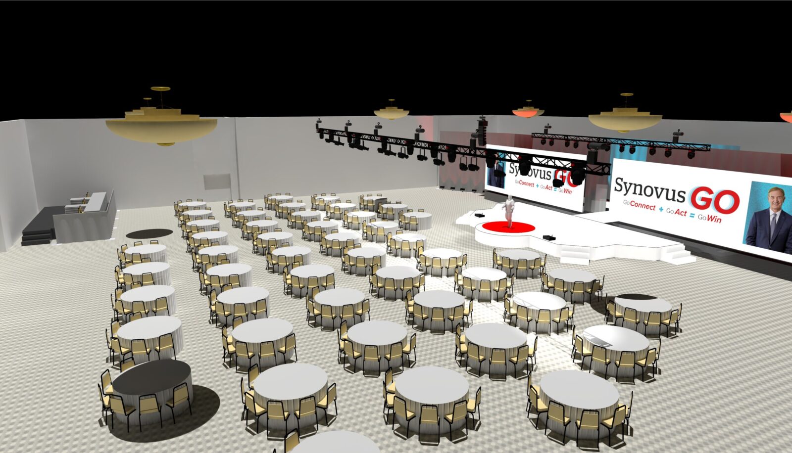 3D event production rendering of Synovus general session with round table seating, extended white stage, dual LED walls, and overhead lighting truss