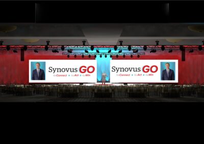 Wide 3D rendering of Synovus general session stage with dual large LED walls, red and blue drape lighting, overhead truss system, and round table seating