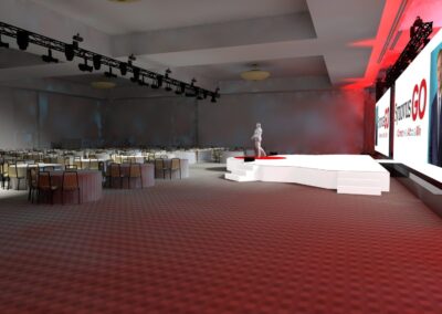 Side view 3D rendering of Synovus corporate general session stage with extended white platform, LED video wall, round table seating, and overhead lighting truss