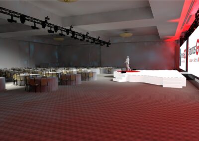 Side view 3D rendering of Synovus corporate general session stage with extended white platform, LED video wall, round table seating, and overhead lighting truss