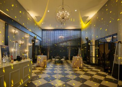 Architectural lighting and patterned uplighting during Piedmont Healthcare Luminaria gala cocktail hour