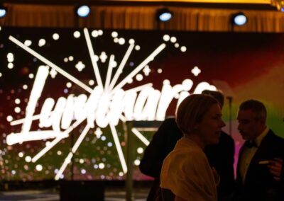 Close-up of LED video wall displaying Luminaria branding at Piedmont Healthcare gala event