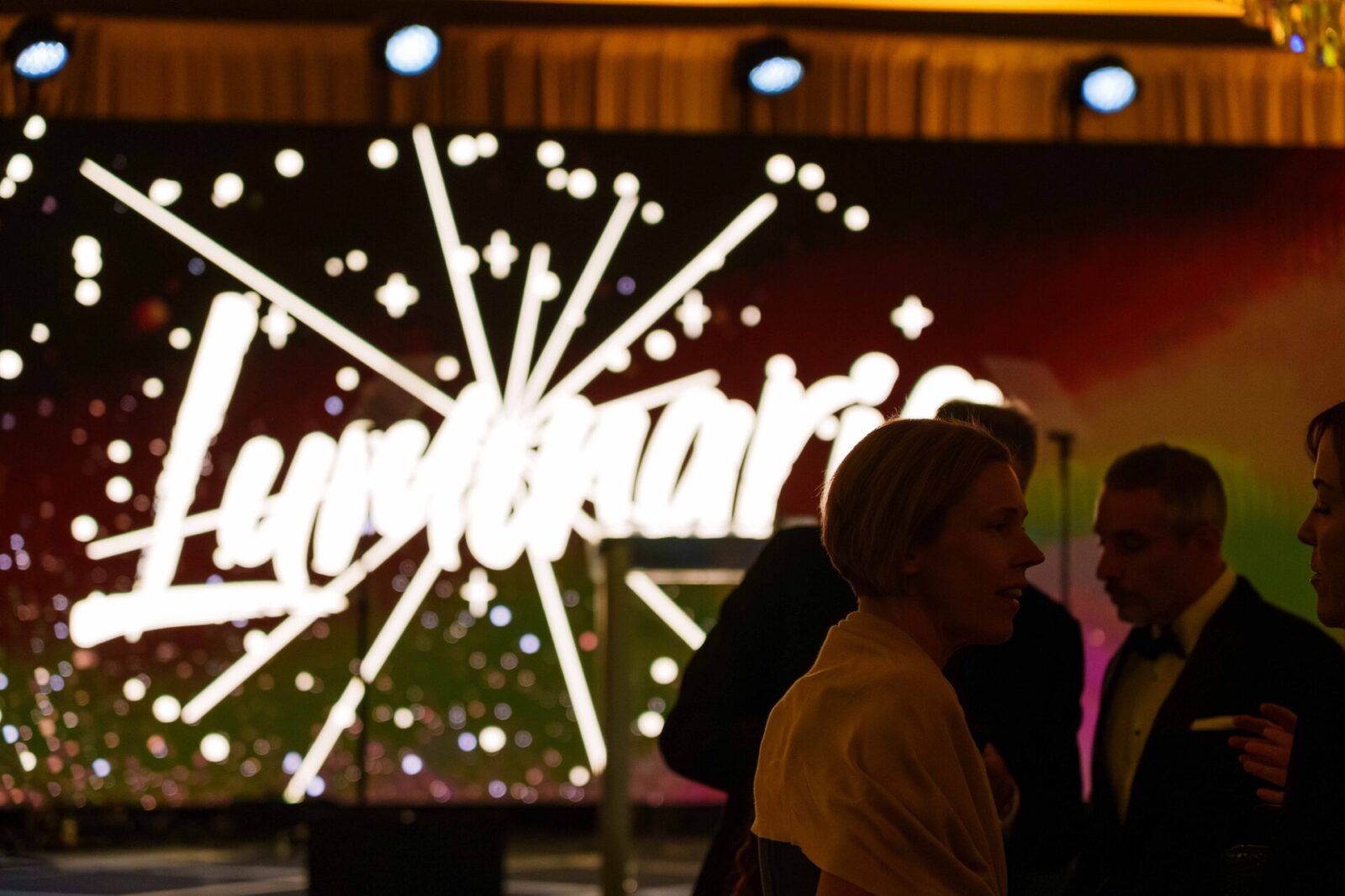 Close-up of LED video wall displaying Luminaria branding at Piedmont Healthcare gala event
