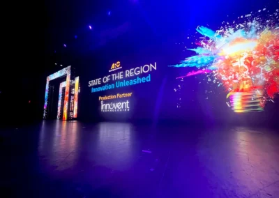 Atlanta Regional Commission State of the Region stage with large LED video wall, custom scenic portal, and lighting design by Innovent Technologies