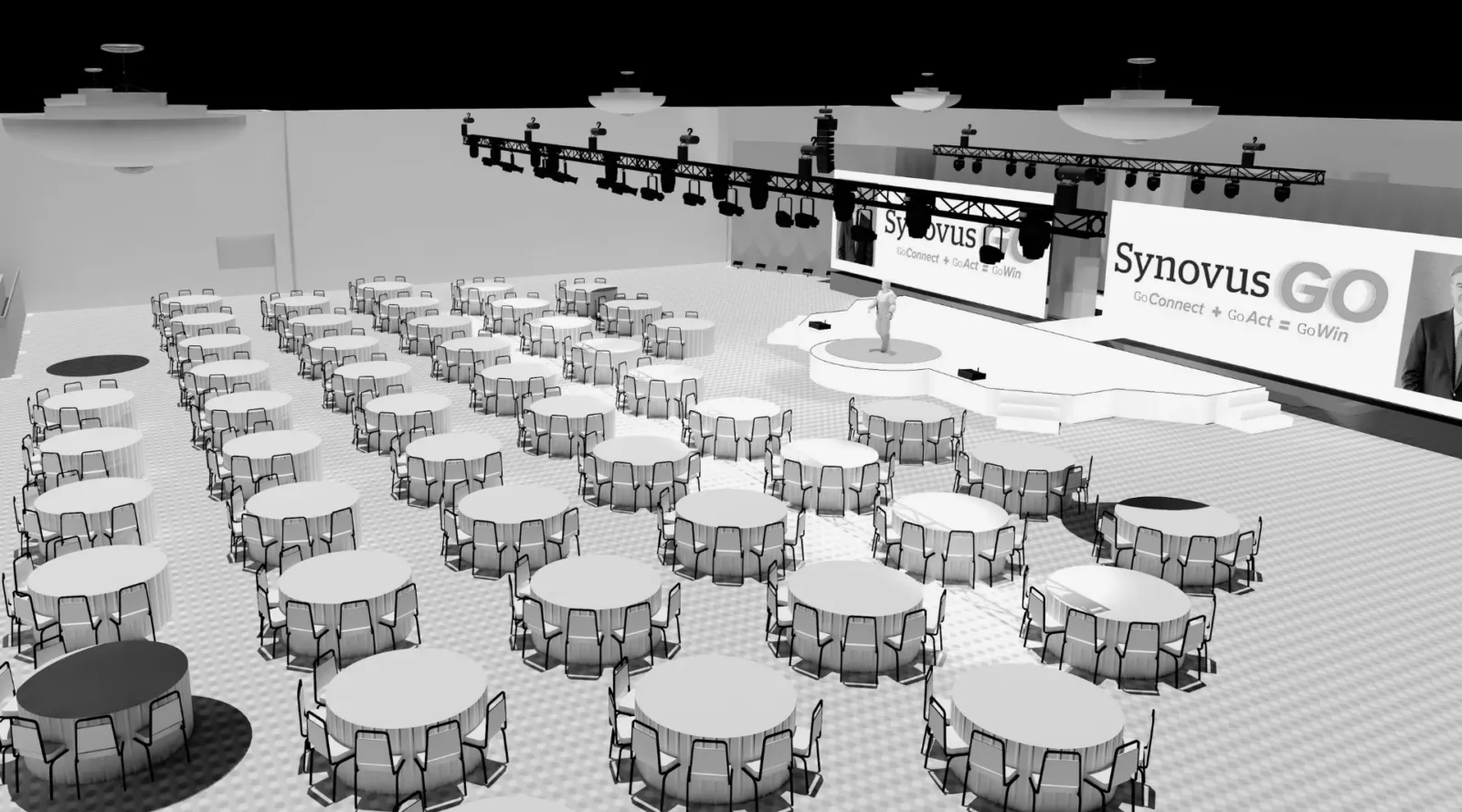 CAD drawing of a corporate general session layout with stage, LED screens, lighting truss, and round table seating