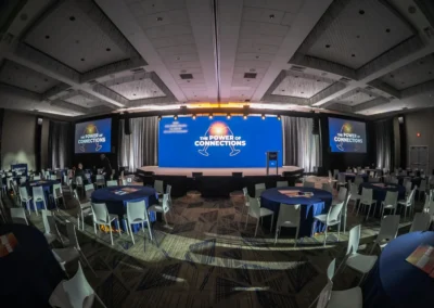 Campari Group general session stage with large LED video wall, dual projection screens, and branded content display in Atlanta produced by Innovent Technologies