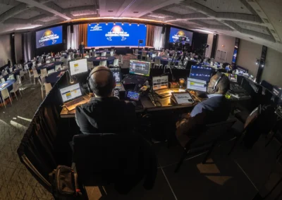 Live event control booth with production team managing video switching, audio, and show cues for Campari Group general session in Atlanta by Innovent Technologies