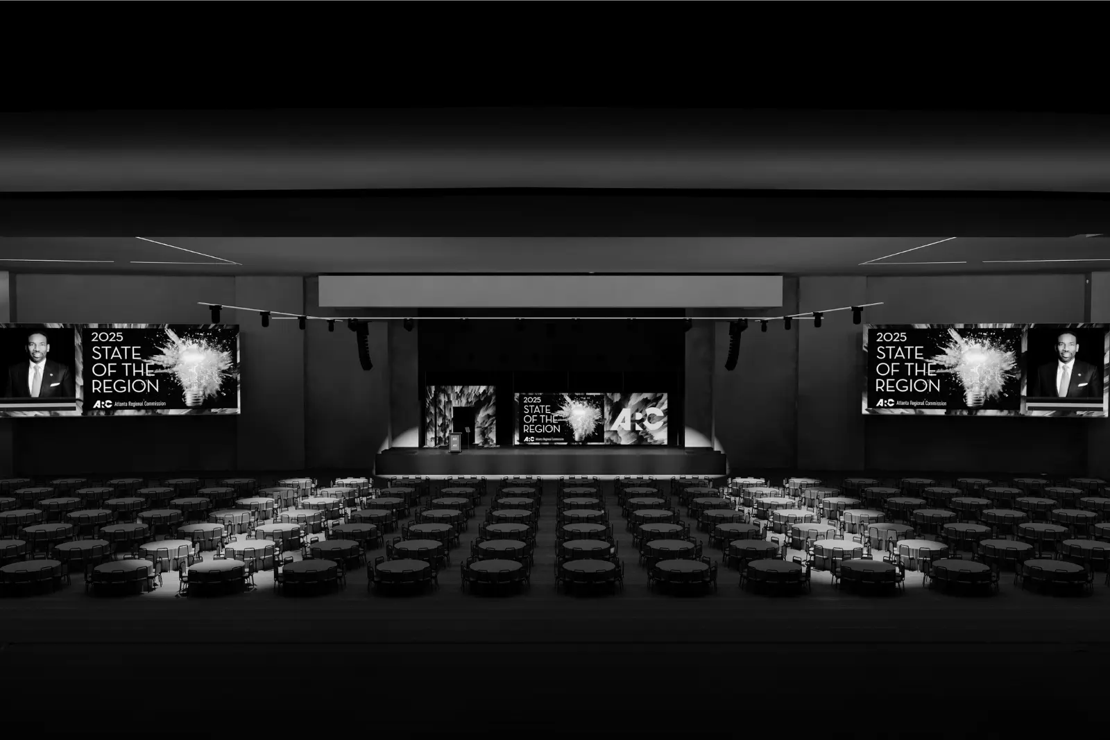 Conference stage design CAD rendering showing LED video walls, lighting truss, staging, and audience layout used for early AV production planning