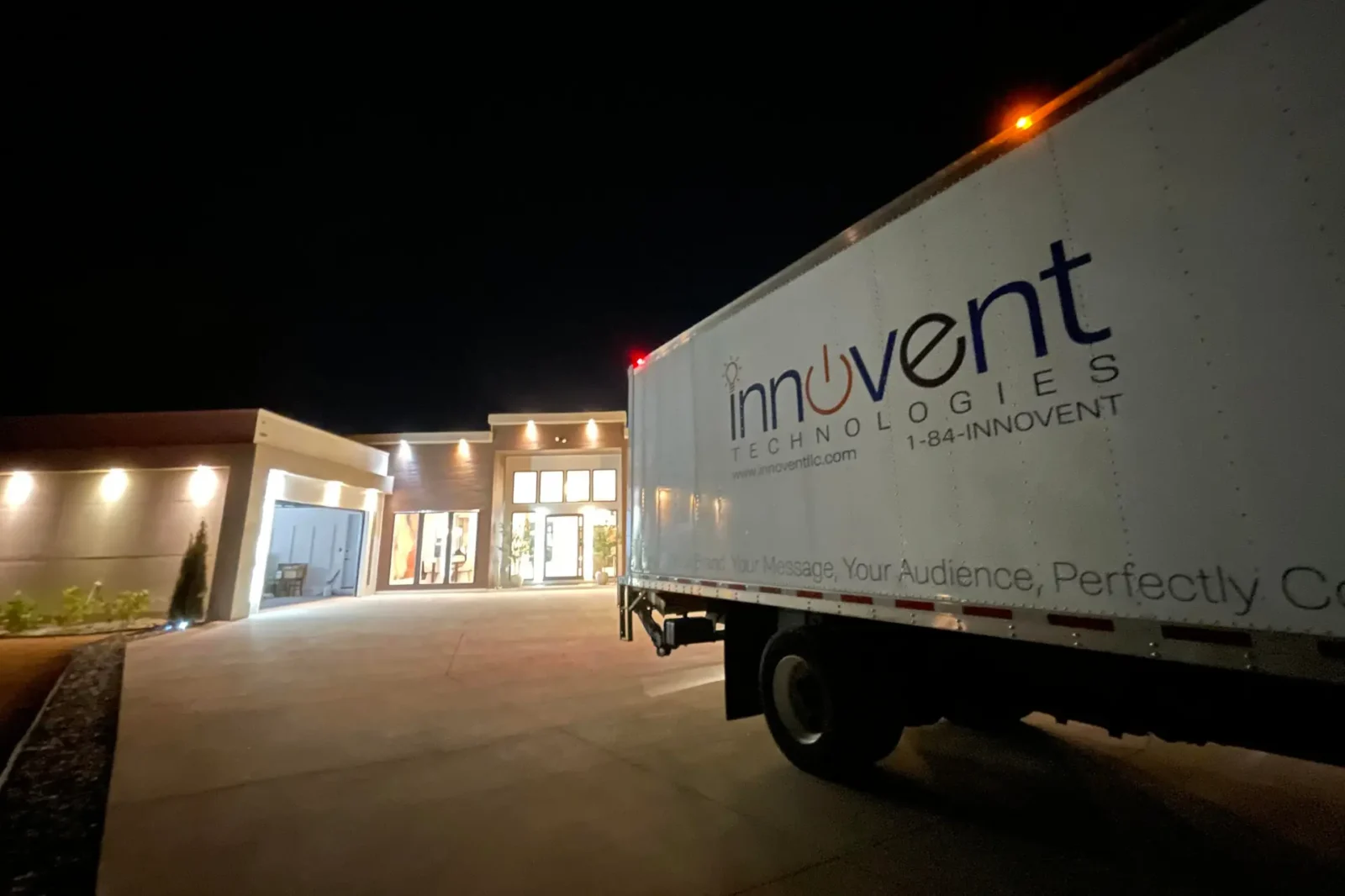 Innovent Technologies Event Production Truck Atlanta Innovent Technologies event production truck outside facility at night in Atlanta
