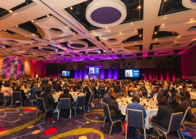 Large-scale gala event with stage lighting, IMAG screens, and audience seating for corporate conference production by Innovent Technologies