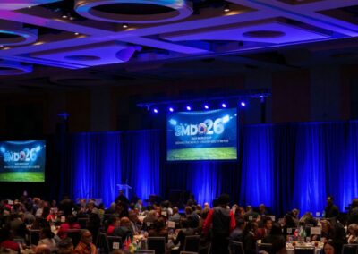 SMDO 2026 Outlook Conference luncheon program with large-format screen and blue stage lighting