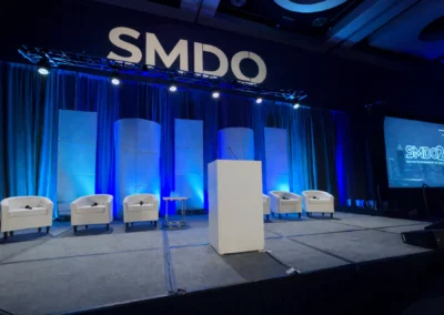 SMDO 2026 conference stage with podium, panel seating, blue lighting design, and branded backdrop produced by Innovent Technologies