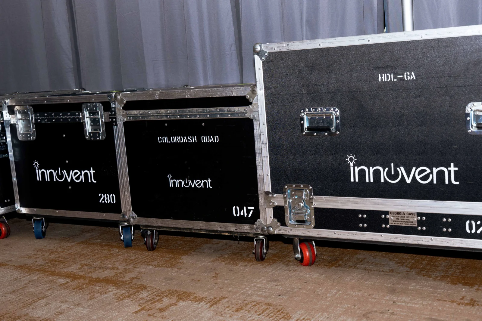 AV production equipment cases and inventory prepared for event setup by Innovent Technologies