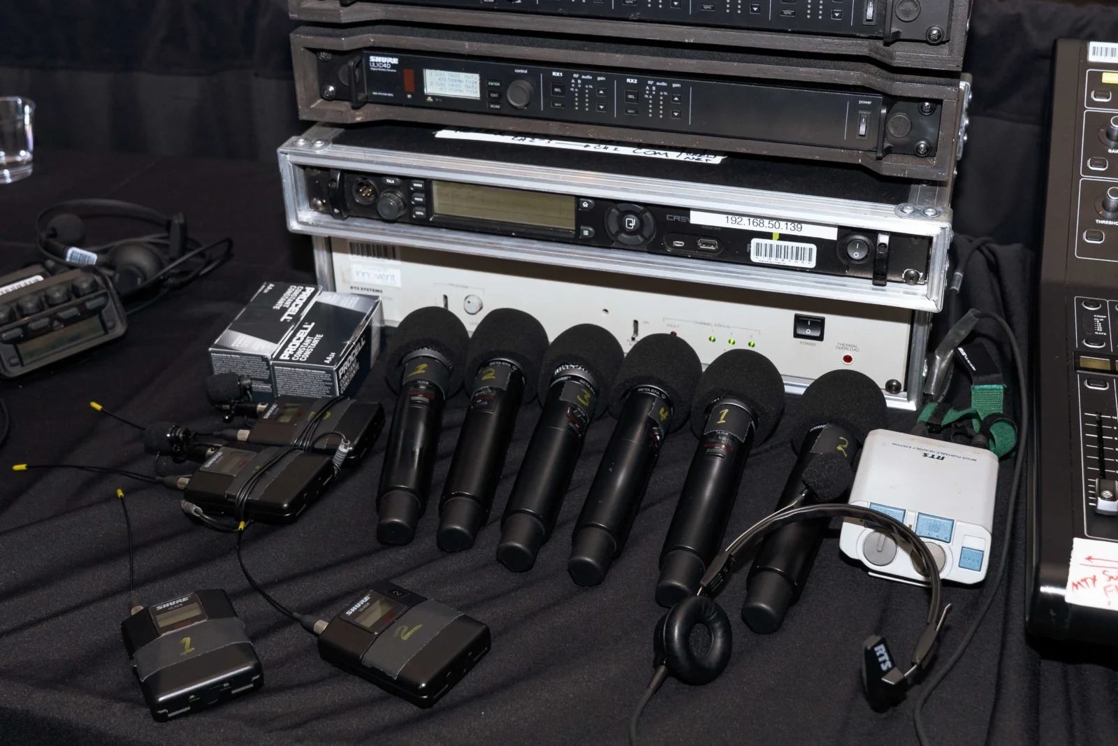 Wireless microphones and audio system equipment used for conference AV production