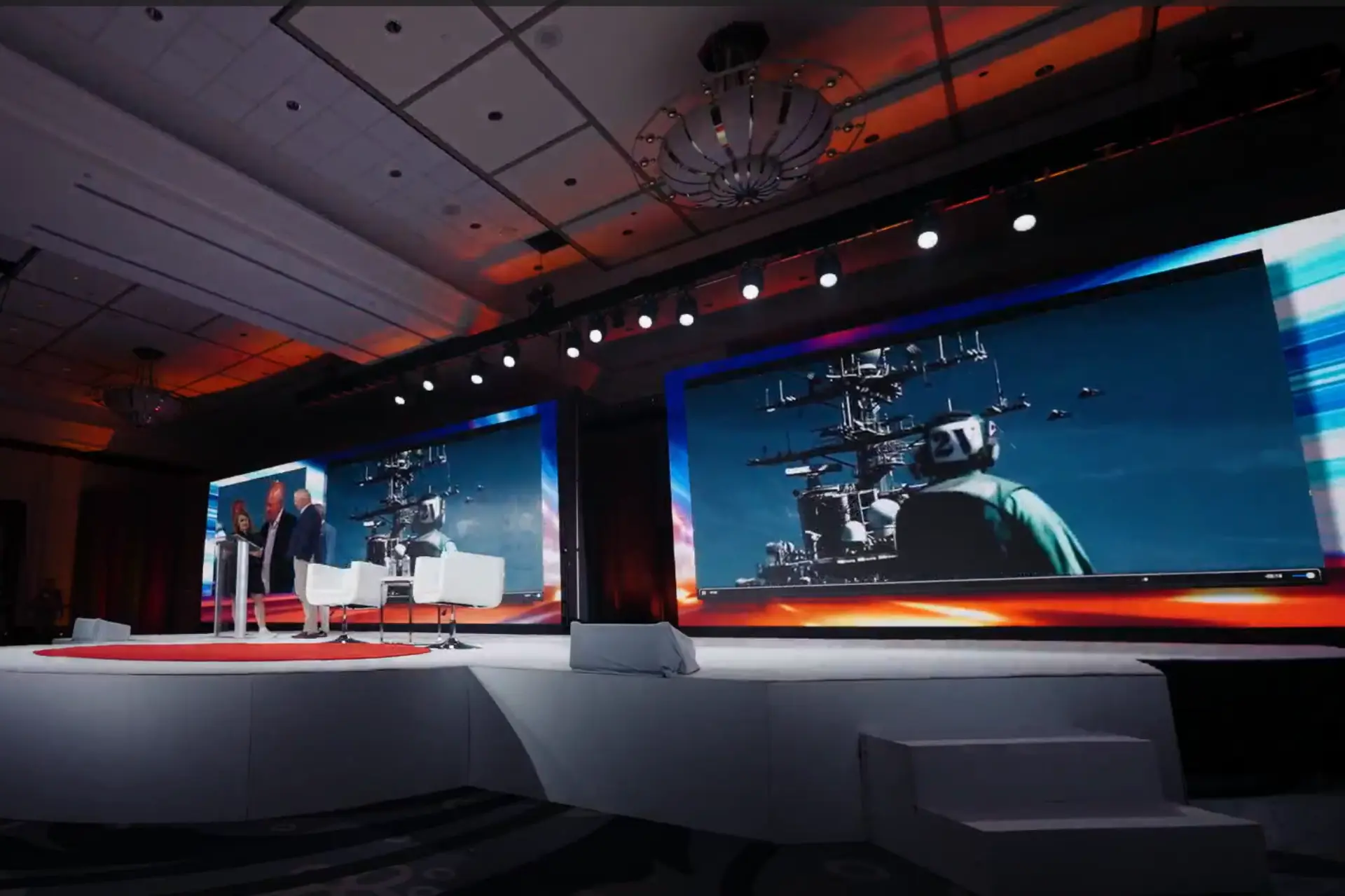 Dual LED Video Wall Stage Atlanta AV Production Dual LED video walls and stage setup for corporate event at Cobb Galleria in Atlanta