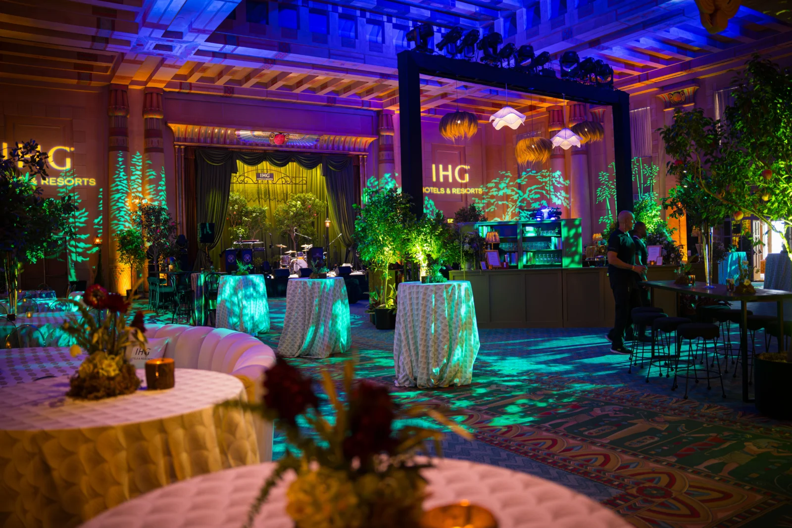 IHG Branded Event Environment – Fox Theatre Atlanta IHG corporate event at Fox Theatre Atlanta featuring custom lighting design, branded projections, and lounge layout