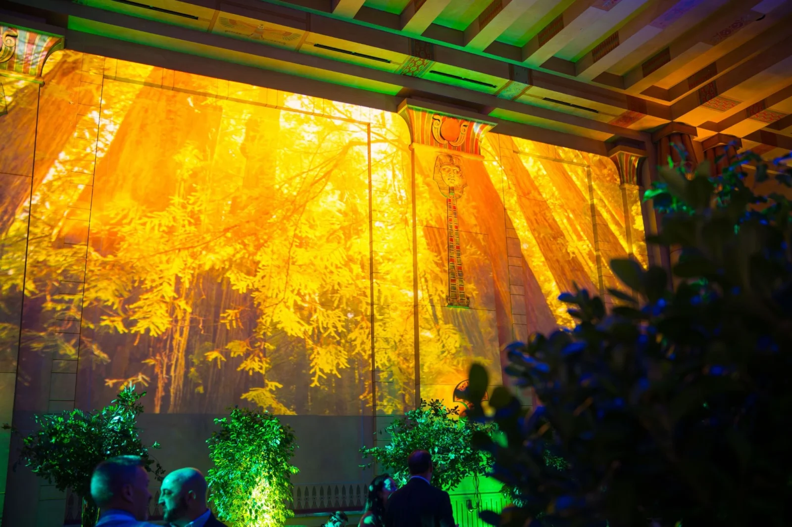 Projection Mapping Wall Detail – Fox Theatre Atlanta Projection mapping on ballroom walls at Fox Theatre Atlanta creating immersive forest environment for corporate event