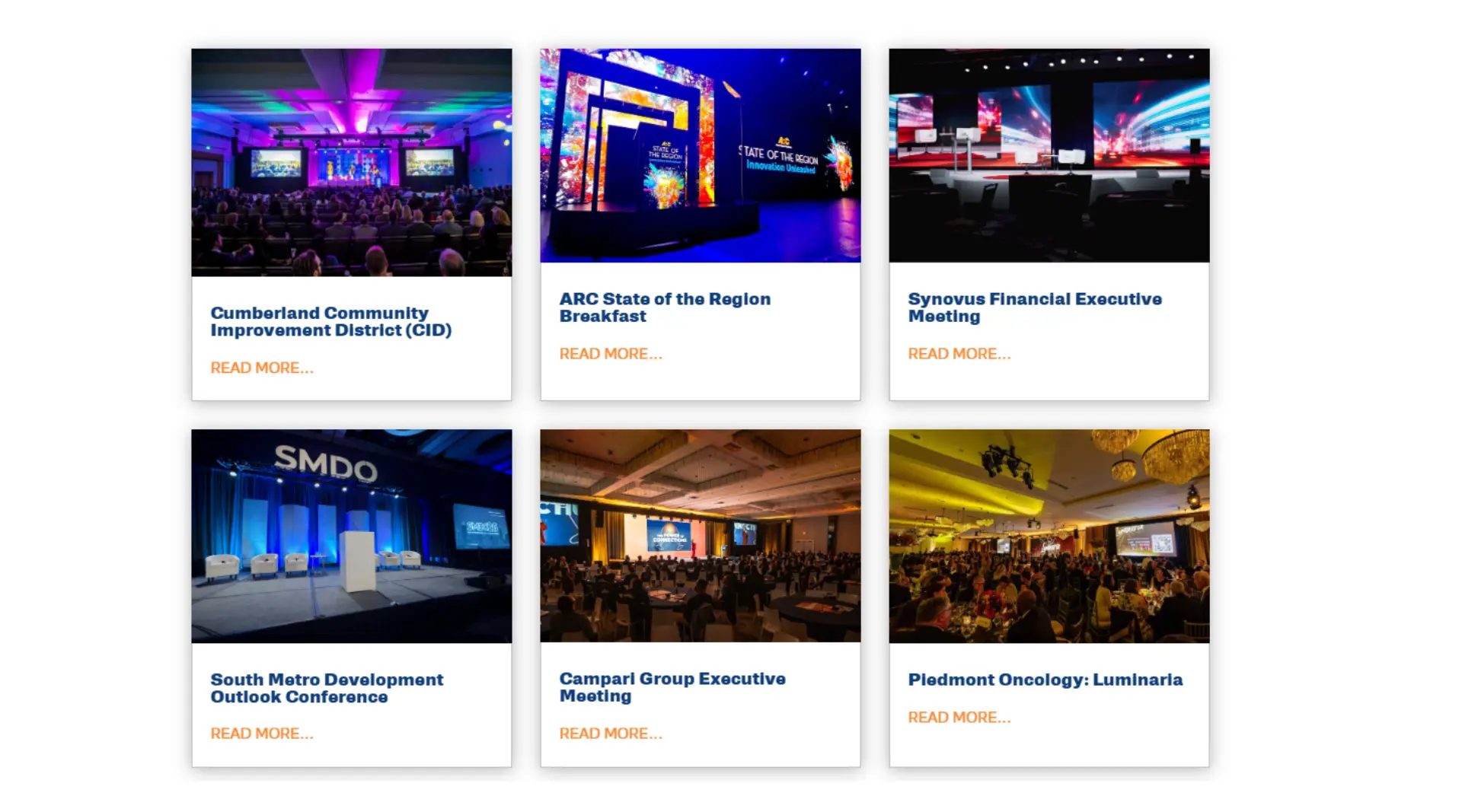 AV Production Case Studies for Conferences and Corporate Events Grid of corporate event production case studies including multi-day conferences, general sessions, and gala environments with lighting, staging, and LED video design