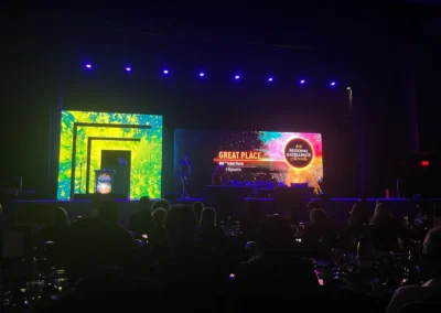 LED video wall stage setup for corporate awards event with audience and lighting design