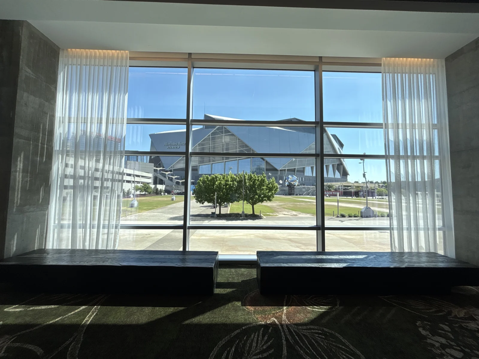 Interior window view of Mercedes-Benz Stadium in Atlanta used for conferences and corporate events