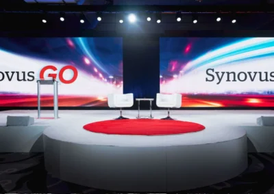 Synovus executive meeting stage with circular platform and dual LED video walls in Atlanta