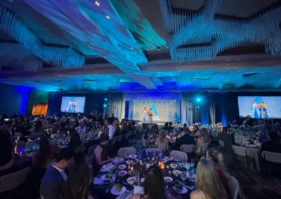Wide ballroom view of the 2026 Allie Awards with scenic staging, projection screens, lighting design, and live audience during AV production by Innovent Technologies in Atlanta