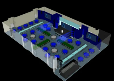 3D CAD rendering of the ballroom production layout for the 2026 Allie Awards at Hotel Phoenix Atlanta featuring stage design, projection screens, audience seating, and lighting positions.