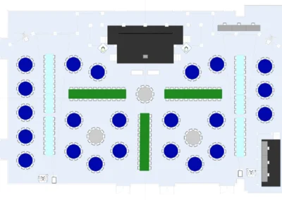 Overhead CAD seating and production layout for the 2026 Allie Awards at Hotel Phoenix Atlanta showing stage placement, audience configuration, technical positions, and projection layout.