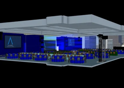 Side perspective CAD rendering of the 2026 Allie Awards ballroom production at Hotel Phoenix Atlanta featuring stage layout, projection screens, audience seating, and lighting towers.