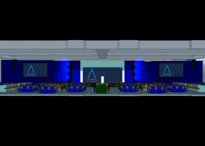 Front elevation CAD rendering of the 2026 Allie Awards ballroom production setup at Hotel Phoenix Atlanta with center stage, dual side screens, audience seating, and lighting integration.