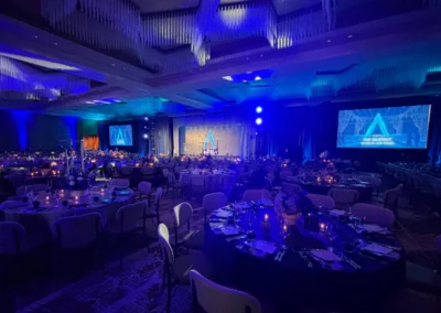 Ballroom-wide view of the 2026 Allie Awards featuring stage design, projection screens, lighting, and AV production by Innovent Technologies in Atlanta