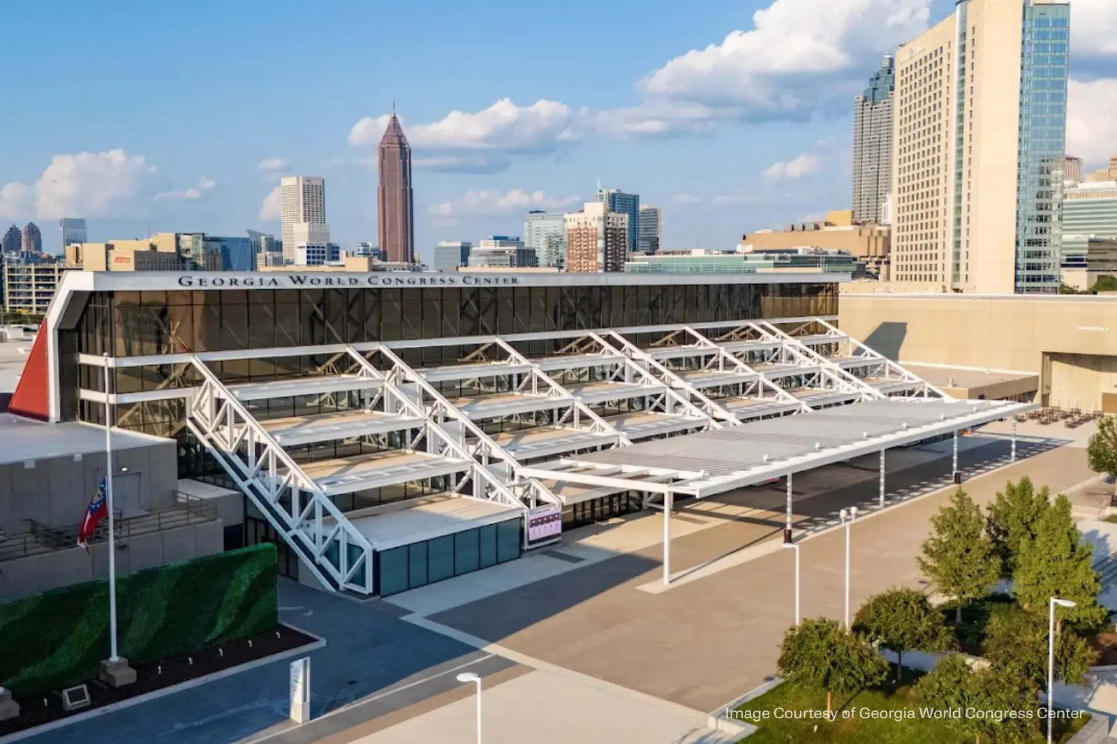 Daytime exterior of the Georgia World Congress Center in Atlanta, Georgia during conference and event production planning